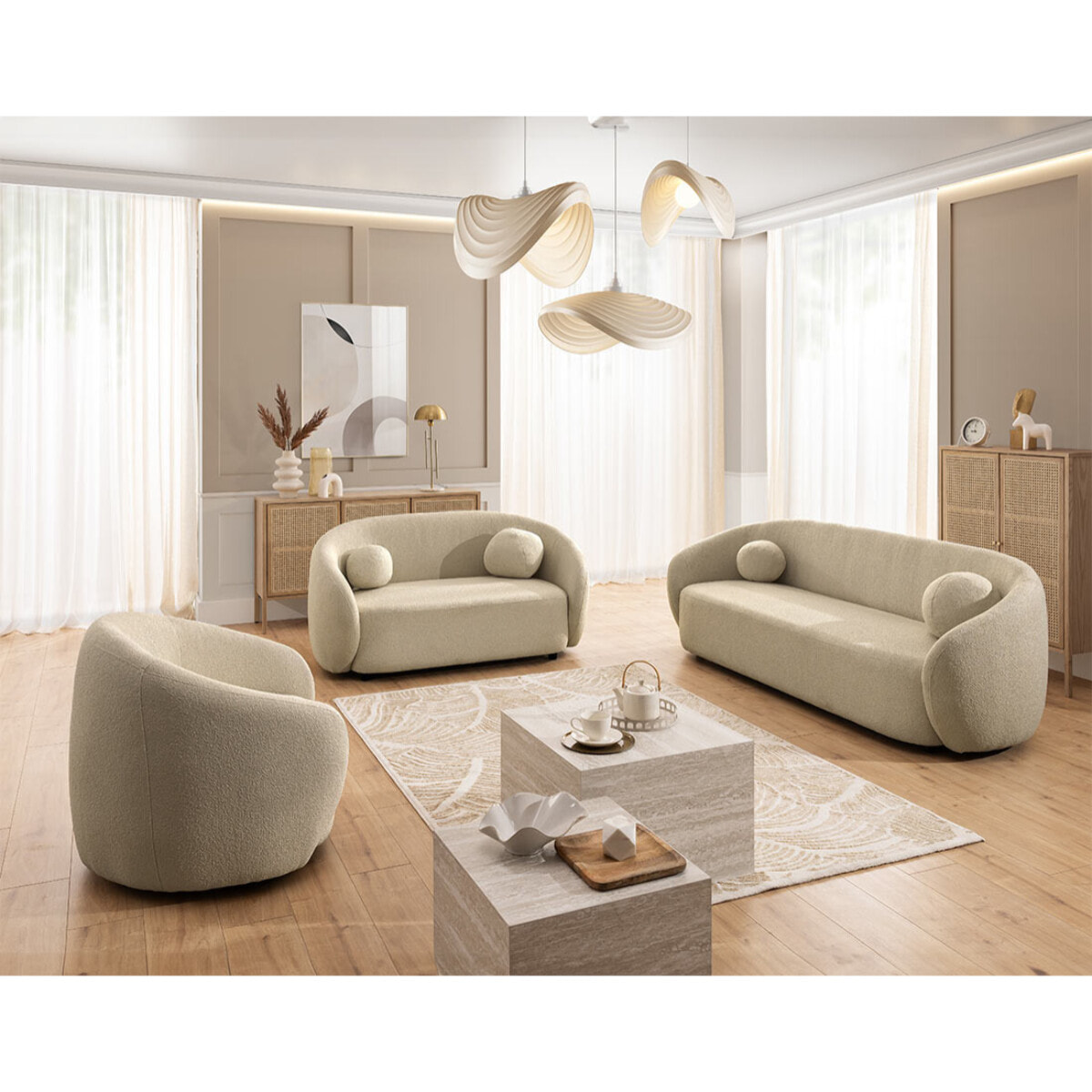 Flore - Canapé droit 2 places en tissu bouclette - Taupe