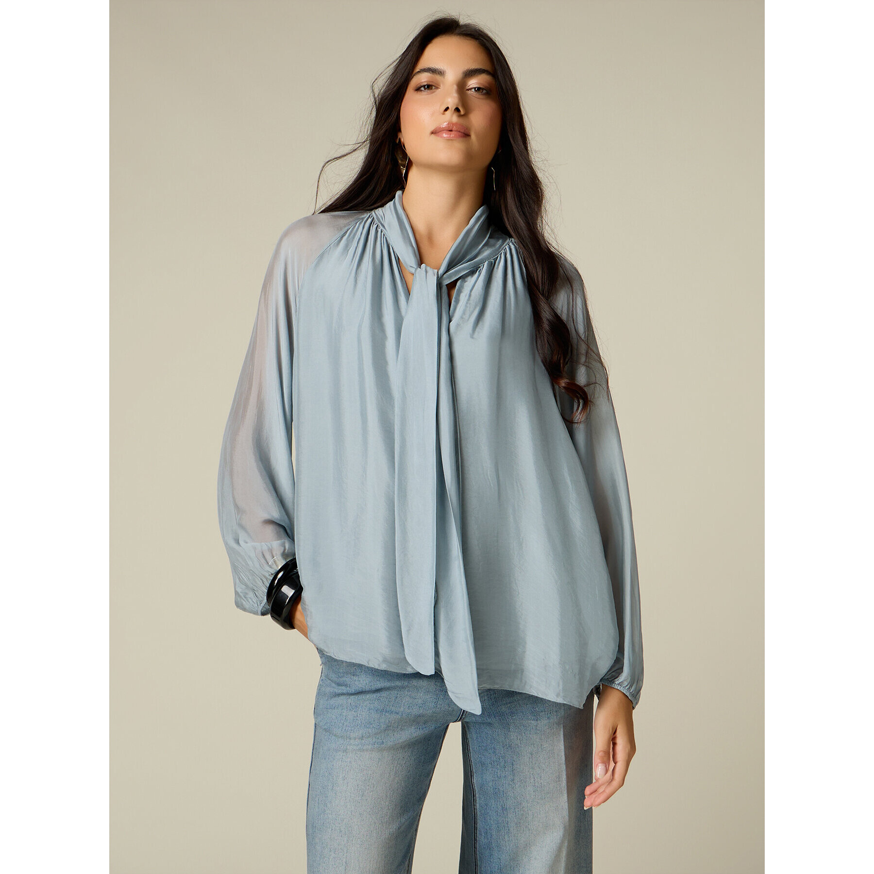 Oltre - Blusa in voile misto seta con fiocco - Azzurro
