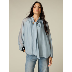 Oltre - Blusa in voile misto seta con fiocco - Azzurro