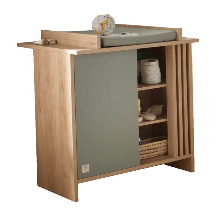 Commode à langer 1 porte colorée et 3 niches avec claustra en bois décor chêne Suave