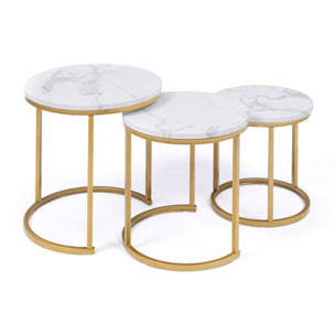 Tables basses gigognes Glam effet marbre blanc pieds dorés - lot de 3