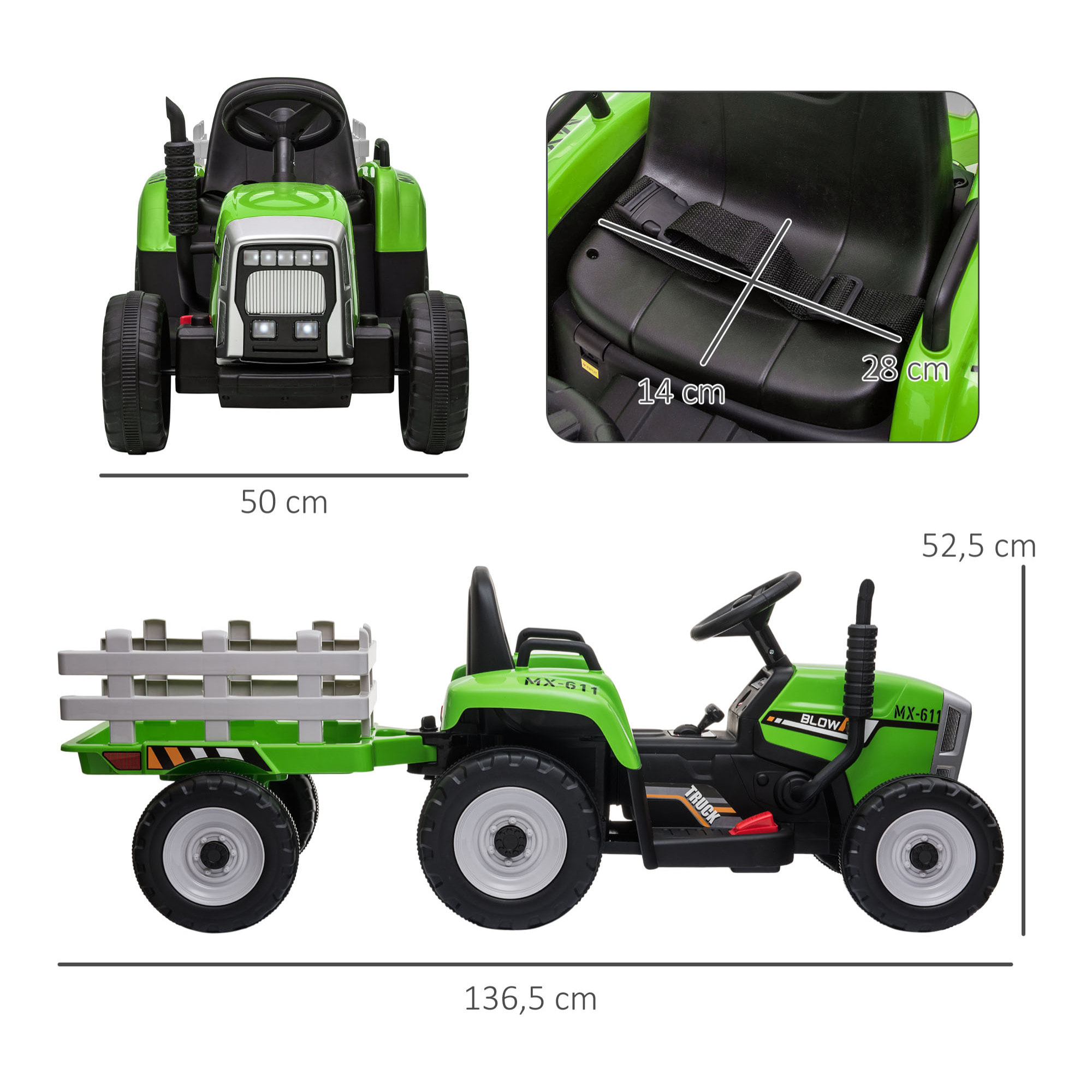 Tractor Eléctrico con Remolque Desmontable Coche Eléctrico para Niños 3-6 Años con Control Remoto Música MP3 Pantalla Luces y Cinturón de Seguridad 136,5x50x52,5 cm Verde