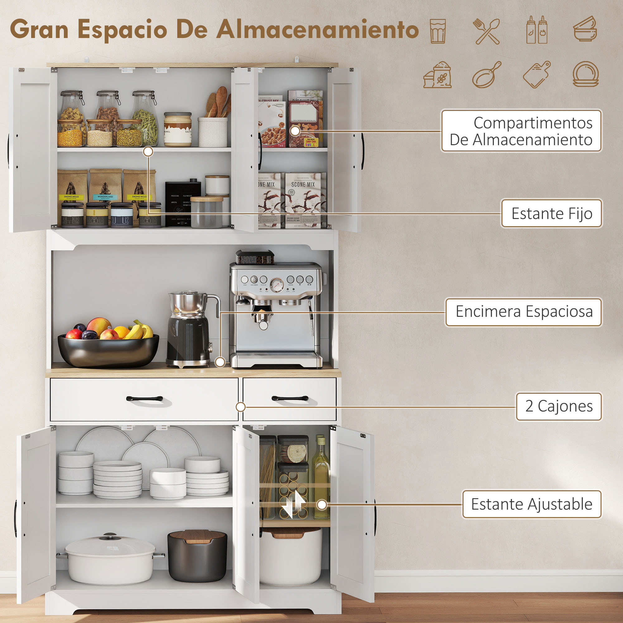 Alacena de Cocina Alta, Mueble Auxiliar de Cocina, con 6 Puertas, Encimera Abierta para Microondas, 2 Cajones, Estantes Ajustables, Orificio para Cable, 94x39,5x175,2 cm, Blanco