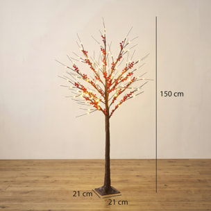 Árbol de Abedul Artificial 150 cm, Lámpara de Árbol con 96 Luces LED Blanco Cálido, Bayas Rojas, Temporizador y 12 Ramas Flexibles, Decoración Navideña para Interior y Exterior Cubierto, Marrón