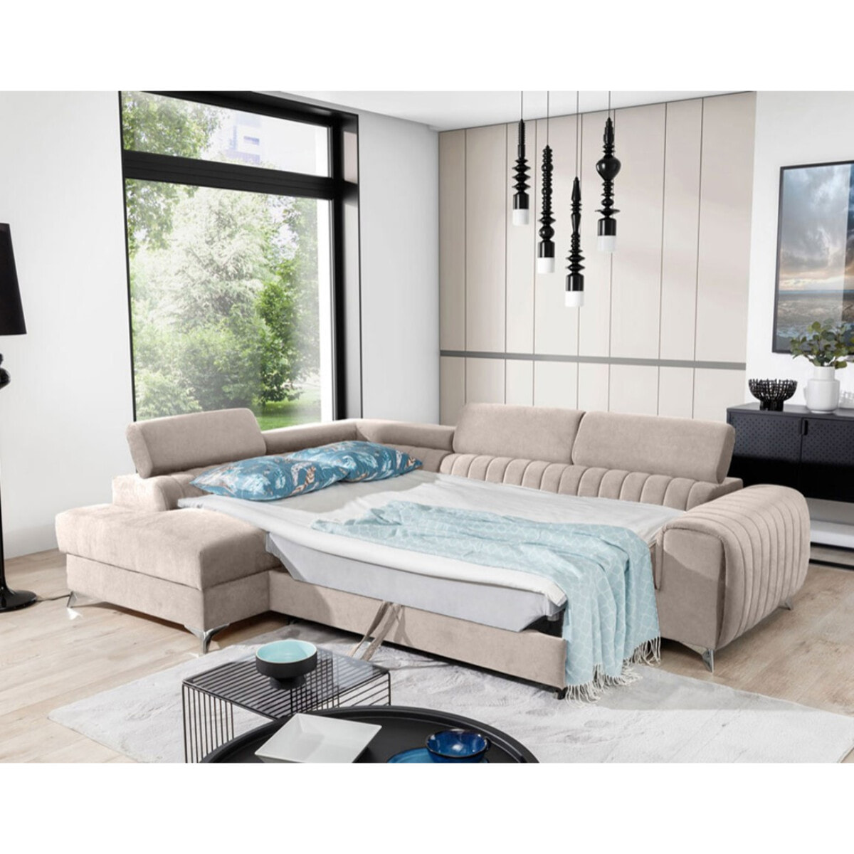 Talisay - canapé d'angle gauche - 5 places - convertible avec coffre - en velours - Beige