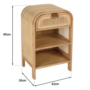 AMY - Chevet forme arrondie mindi et rotin naturel 1 tiroir 2 étagères AMY