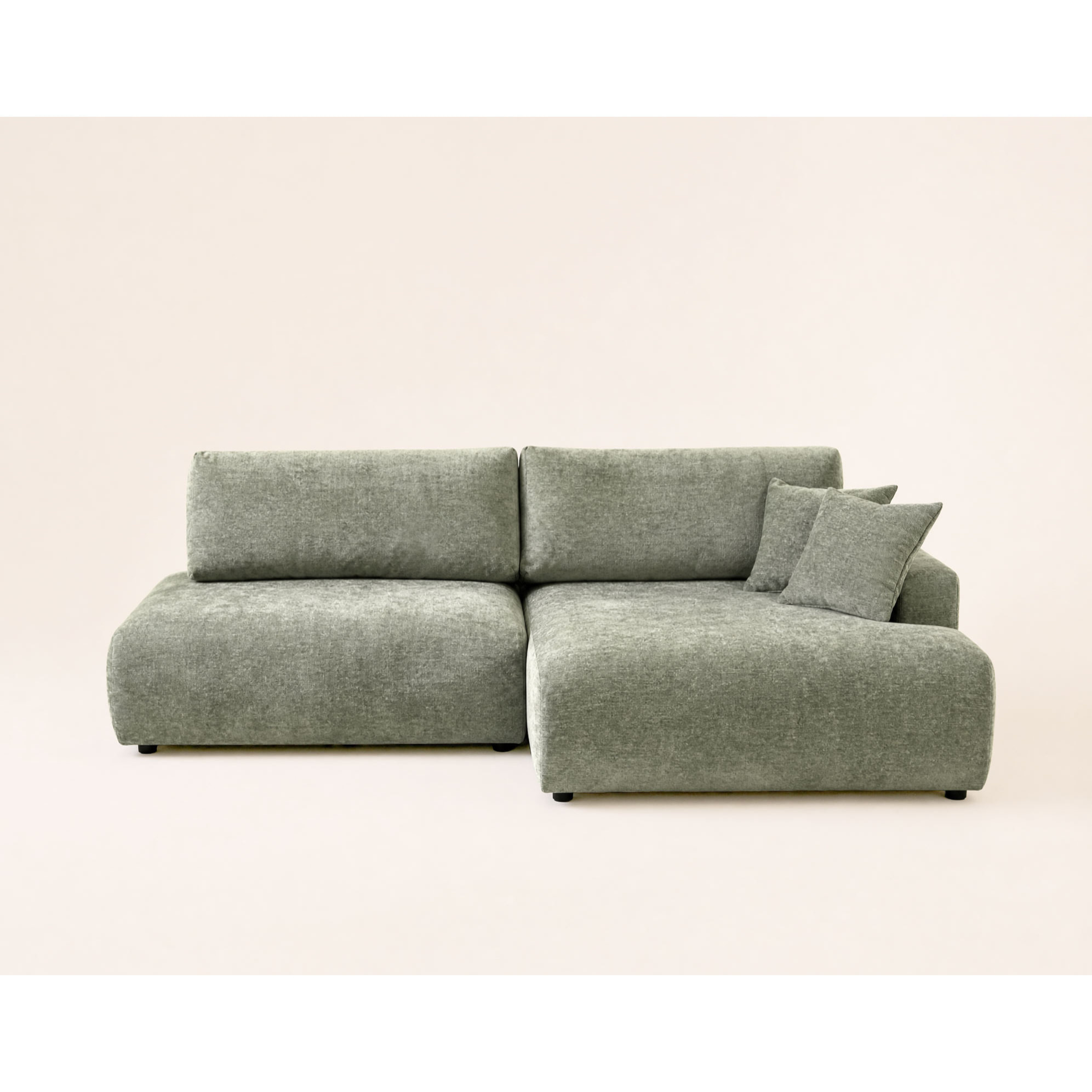 Pivoine - Canapé d'angle ouvert droit 4 places convertible avec coffre en tissu texturé - Vert sauge