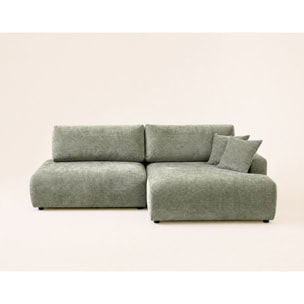 Pivoine - Canapé d'angle ouvert droit 4 places convertible avec coffre en tissu texturé - Vert sauge