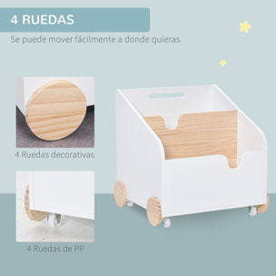 Caja de Almacenaje Madera de Juguetes con Ruedas Asa y 2 Secciones 40x43x43cm