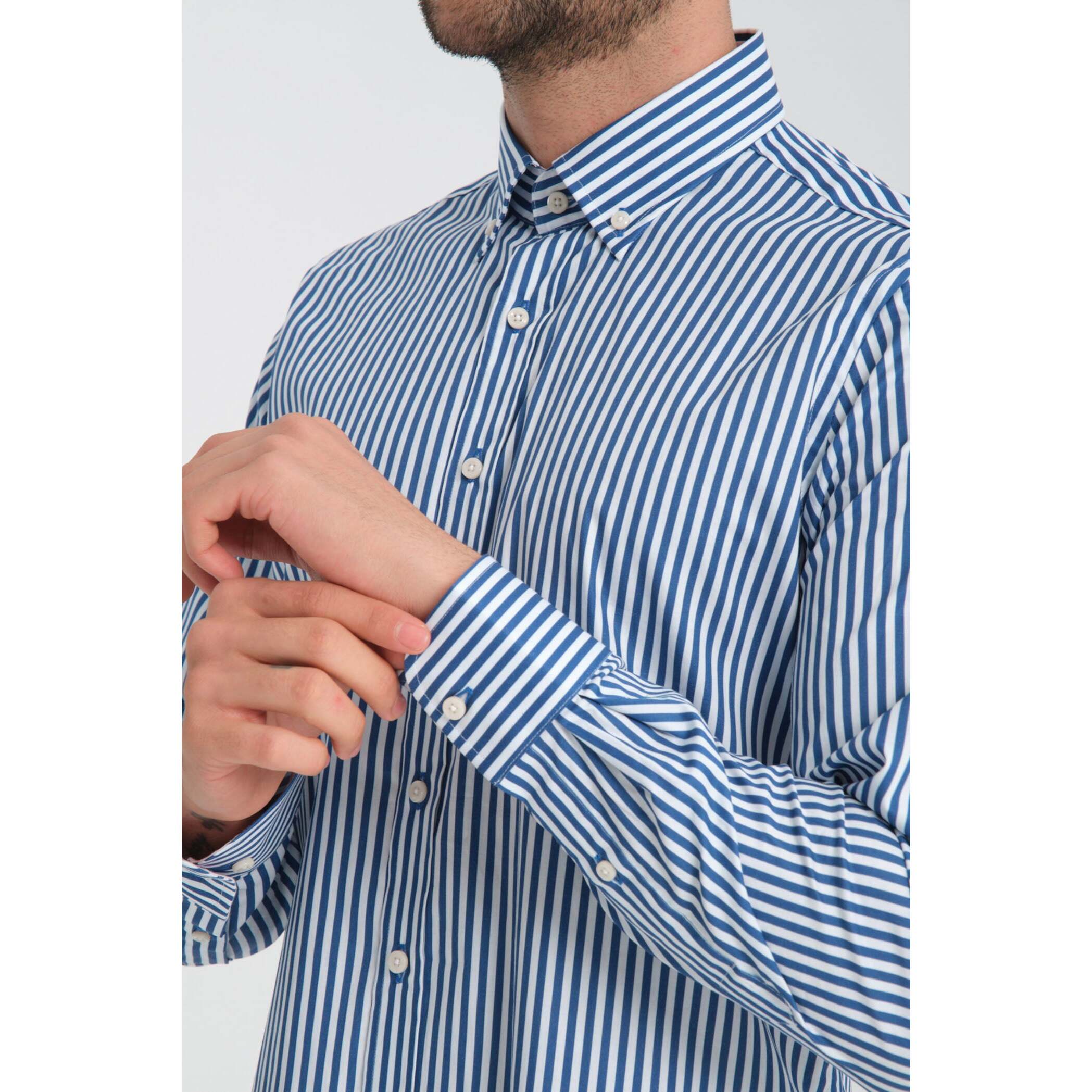 camicia uomo 1 bottone button down slim Popeline Stretch Riga Media Bianco Blu Avion