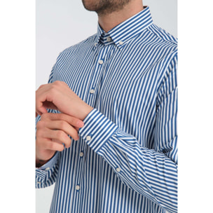 camicia uomo 1 bottone button down slim Popeline Stretch Riga Media Bianco Blu Avion