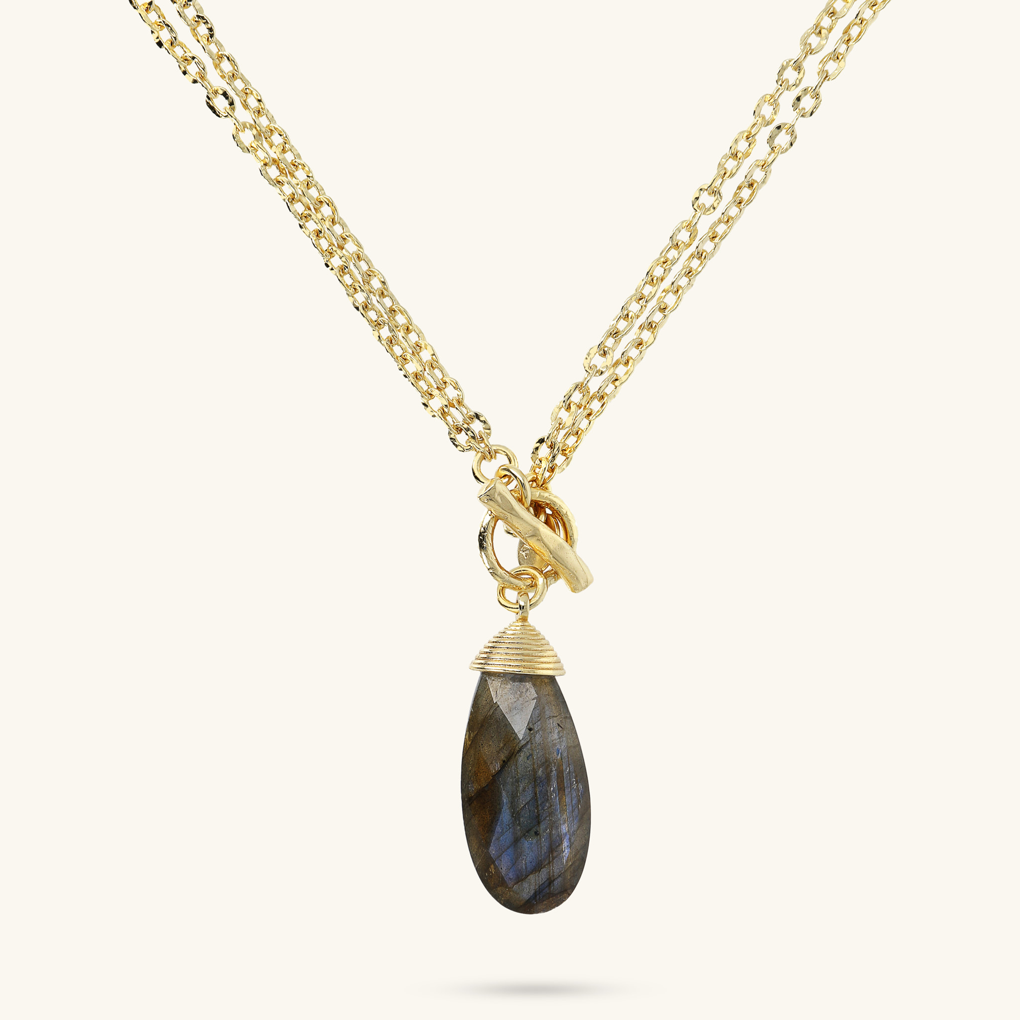 Collana Lunga Multifilo Catena Forzatina con Pendente Goccia in Pietra Naturale Labradorite