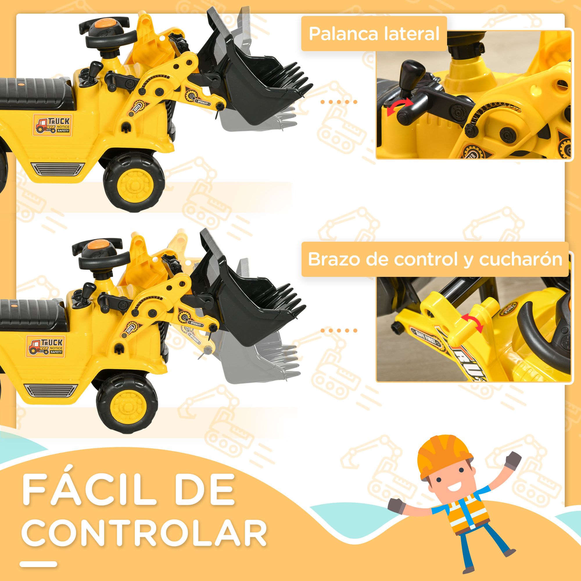 Tractor a Pedales para Niños de 18 a 48 Meses, Excavadora para Niños con Pala Delantera, Bocina, Volante y Compartimento Oculto bajo el Asiento, Carga 30 kg, 80x26,5x39 cm, Amarillo