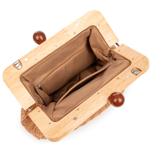 Benestare Bolso bandolera Mujer. Tela con detalles de madera natural y piel sintética.