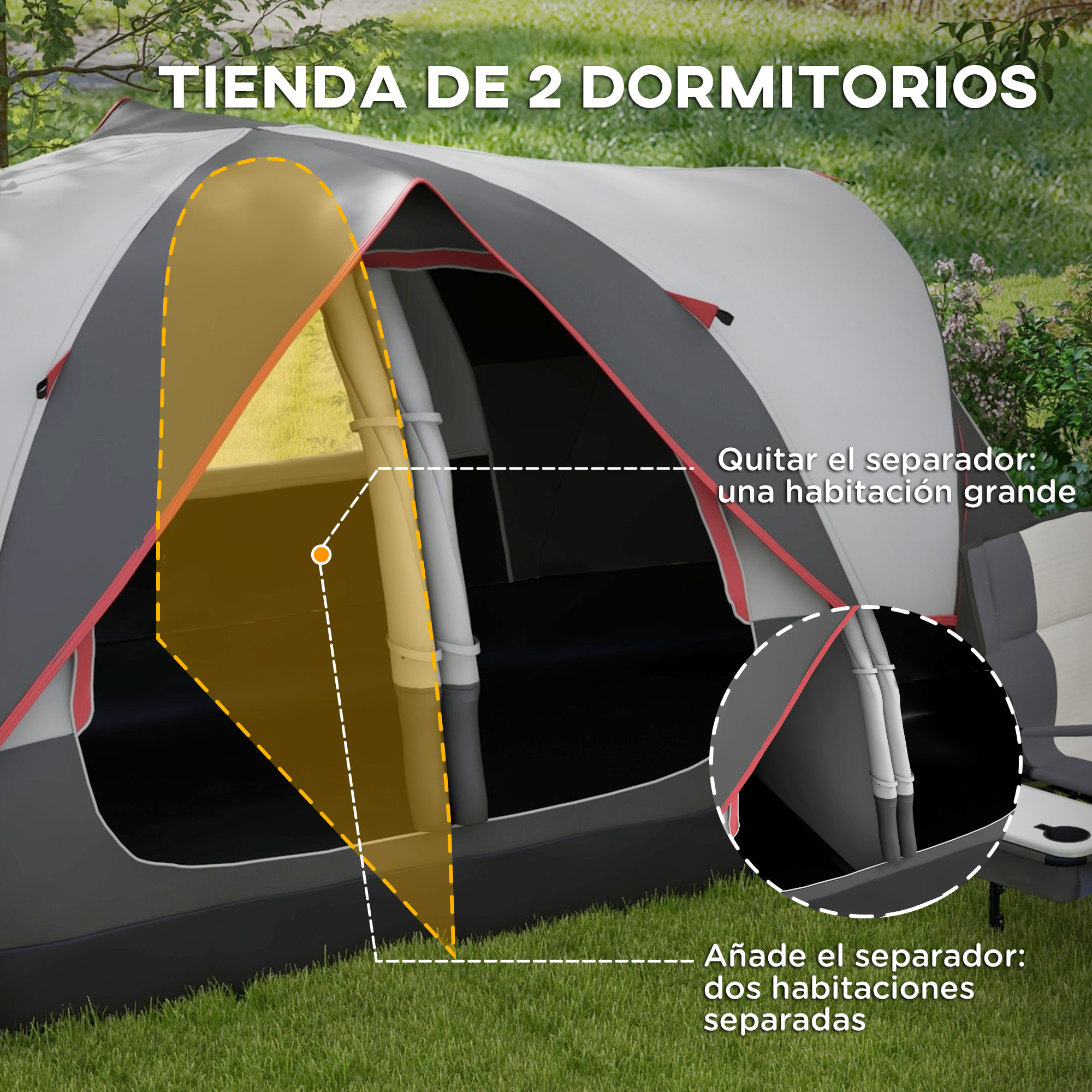 Tienda de Campaña Familiar para 6-8 Personas Tienda de Camping Plegable con 2 Habitaciones y Bolsa de Transporte Impermeable para Senderismo 450x215x180 cm Gris