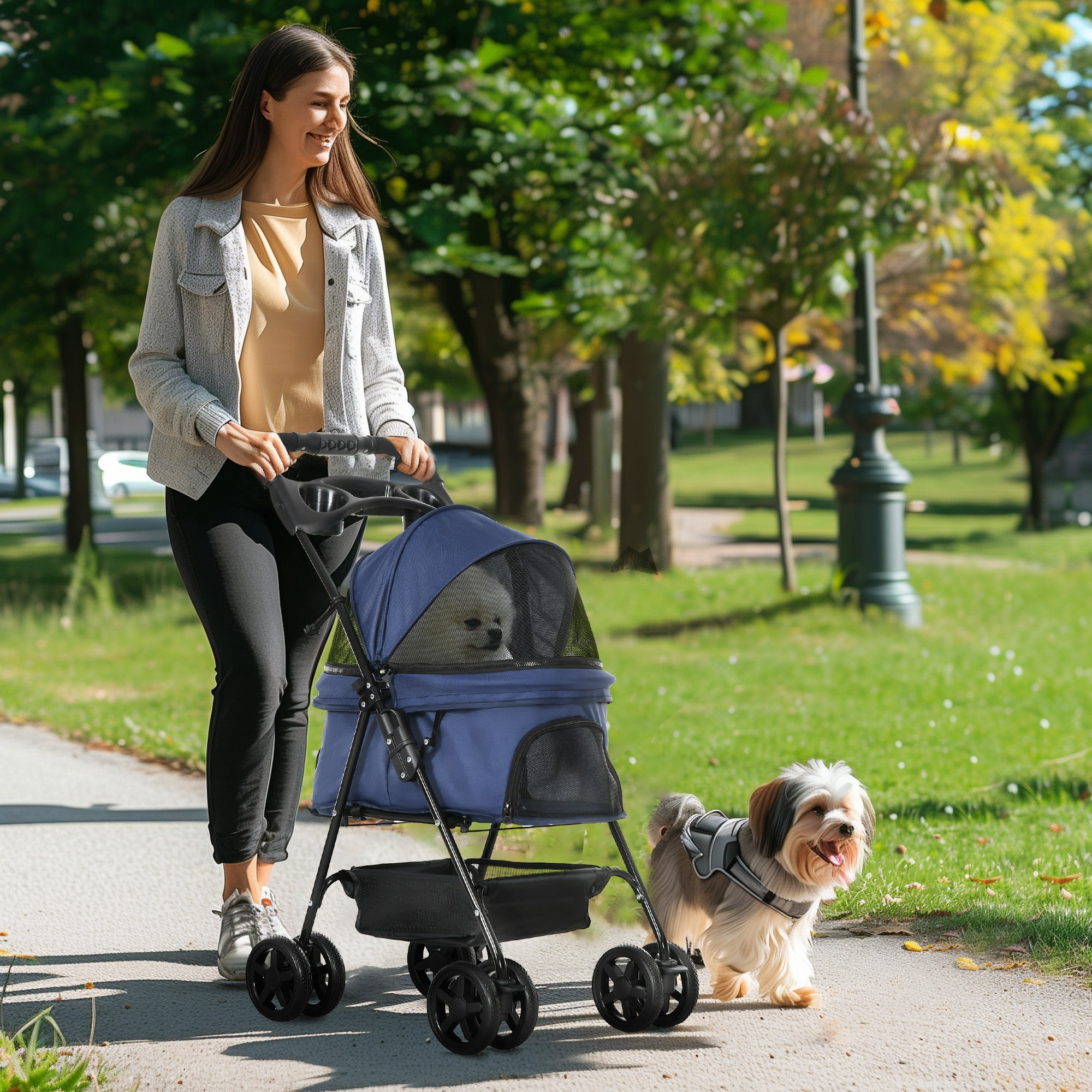 Cochecito para Perros Plegable Carrito para Perros Pequeños con Ruedas Universales Cesta de Almacenaje Correas de Seguridad y Ventanas 67x45x96 cm Azul Oscuro