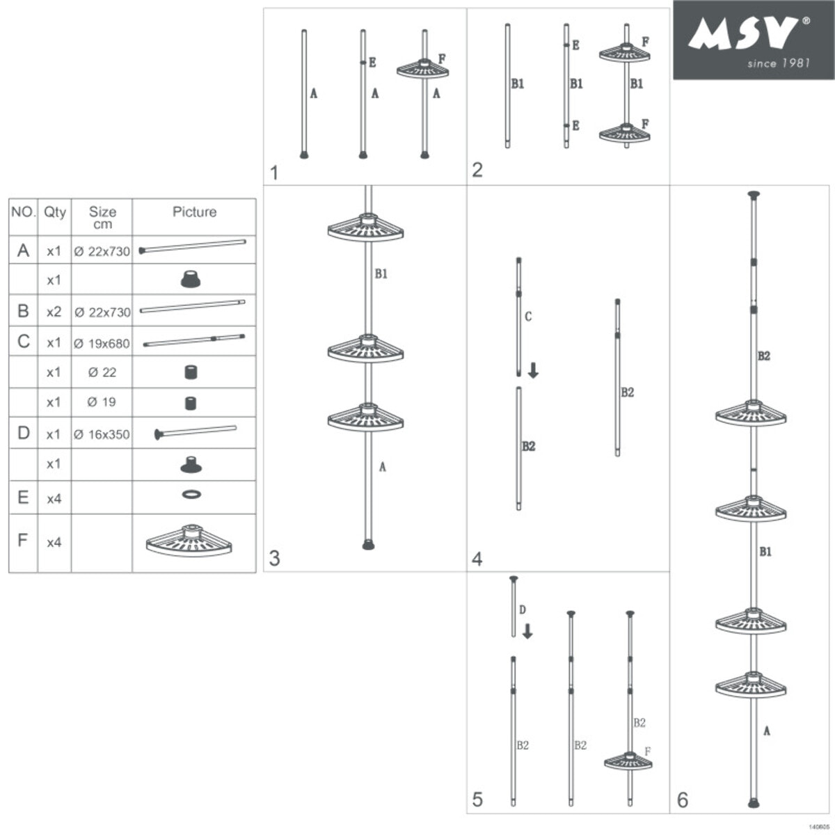 MSV Etagère de douche d'angle auto-portée 125-245cm Blanc telescopique - Sans perçage - 4 tablettes