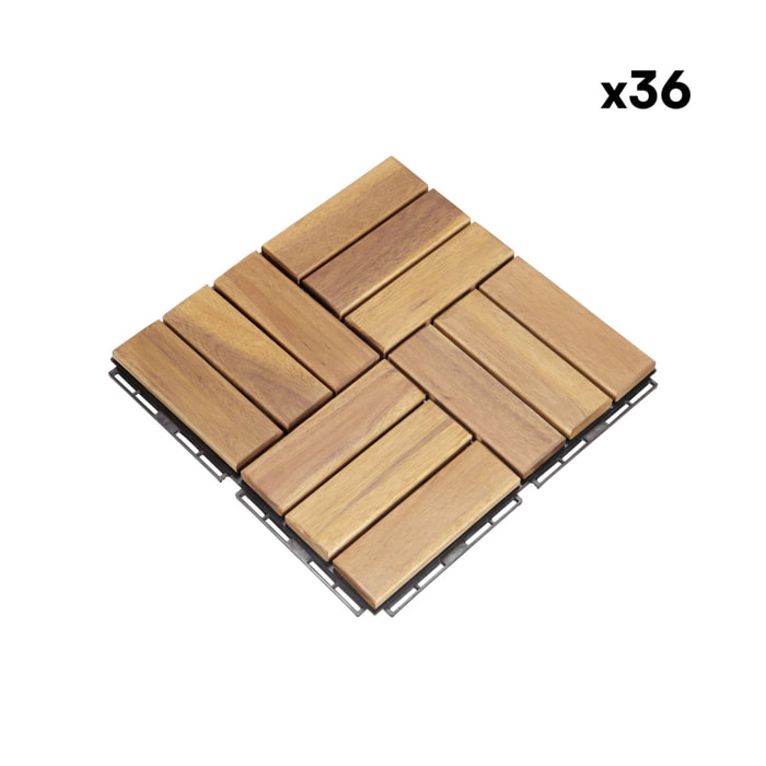 Lot de 36 dalles de terrasses 30x30cm en bois d'acacia. motif carré. clipsables