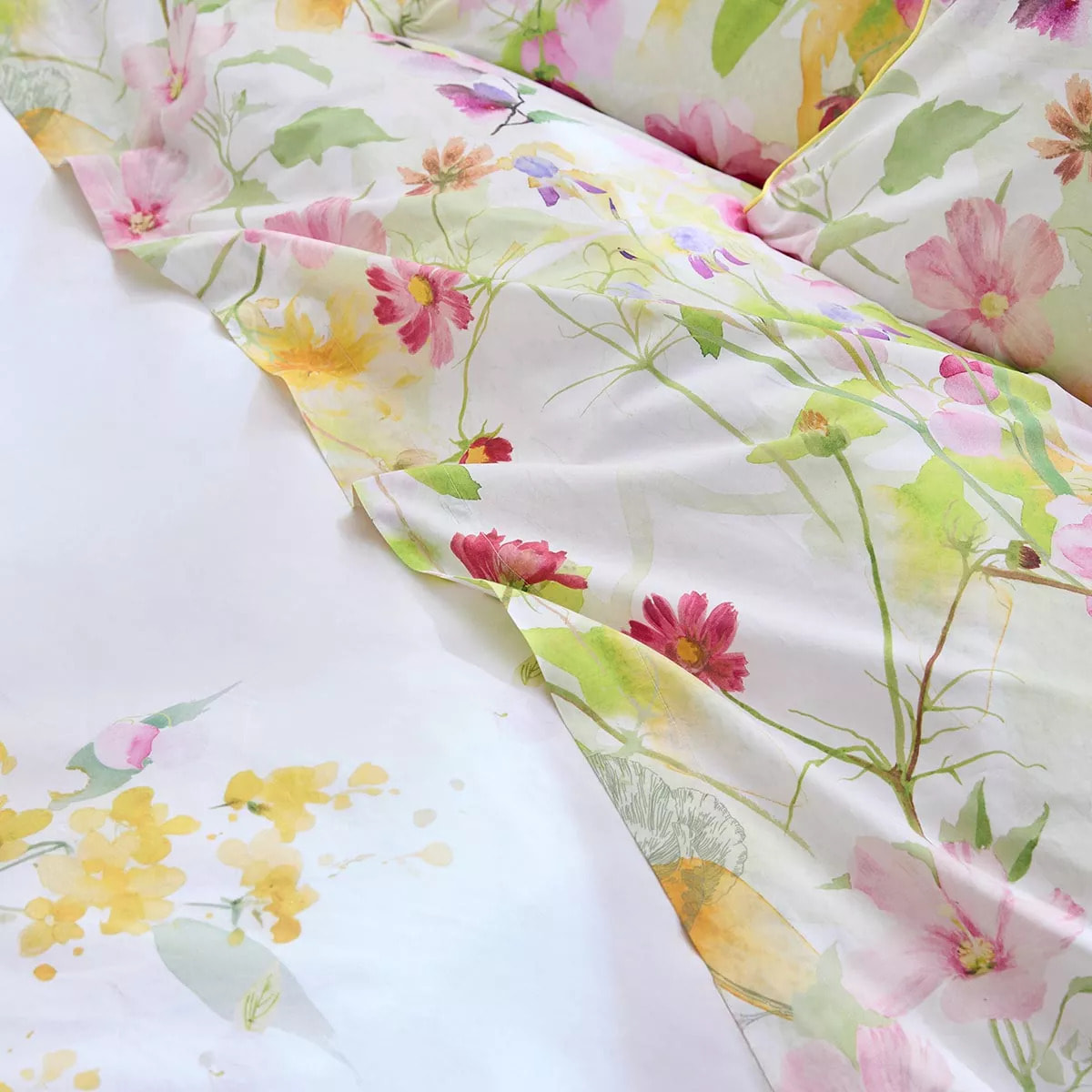 Drap plat percale de coton lavé 115 g/m² imprimé rose vert Souffle fleuri printemps