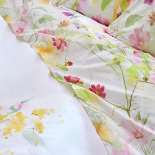 Drap plat percale de coton lavé 115 g/m² imprimé rose vert Souffle fleuri printemps