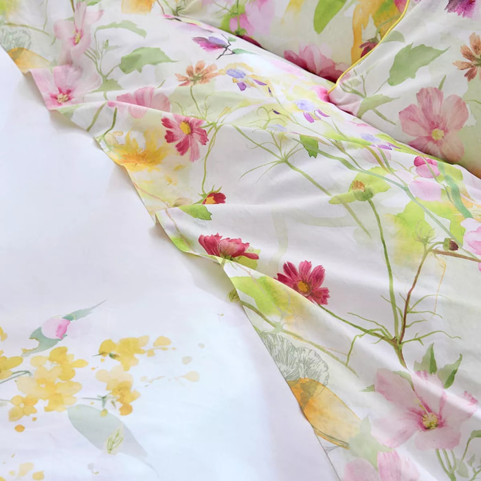 Drap plat percale de coton lavé 115 g/m² imprimé rose vert Souffle fleuri printemps