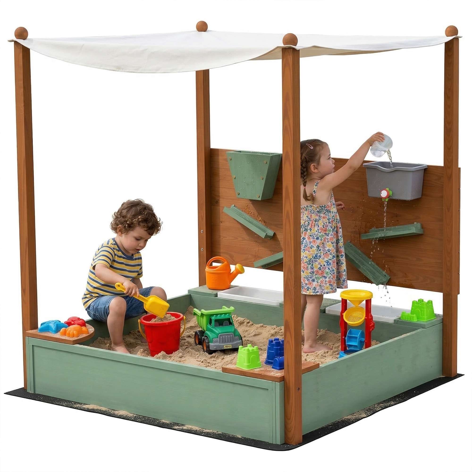 Arenero para Niños de Madera con Techo, Arenero Infantil con 2 Asientos, 2 Cajas, Grifo, Embudo, Caja de Arena para Niños de 3-6 Años, para Patio, Jardín, Balcón, 116x112,5x128 cm, Verde