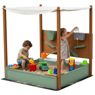 Arenero para Niños de Madera con Techo, Arenero Infantil con 2 Asientos, 2 Cajas, Grifo, Embudo, Caja de Arena para Niños de 3-6 Años, para Patio, Jardín, Balcón, 116x112,5x128 cm, Verde