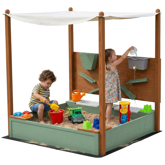 Arenero para Niños de Madera con Techo, Arenero Infantil con 2 Asientos, 2 Cajas, Grifo, Embudo, Caja de Arena para Niños de 3-6 Años, para Patio, Jardín, Balcón, 116x112,5x128 cm, Verde