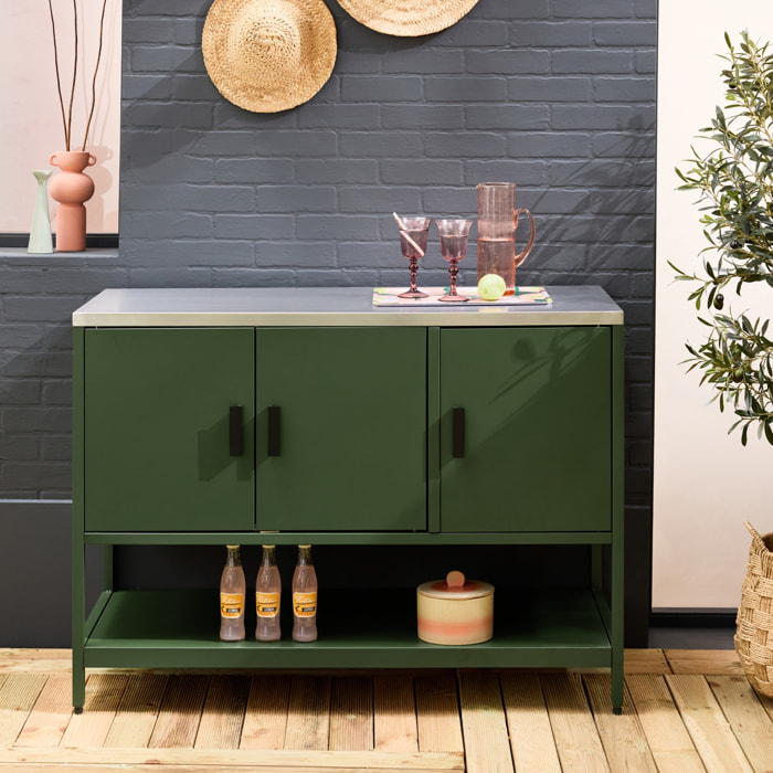 Cuisine d'extérieure en acier vert 3 portes.1 étagère L120cm