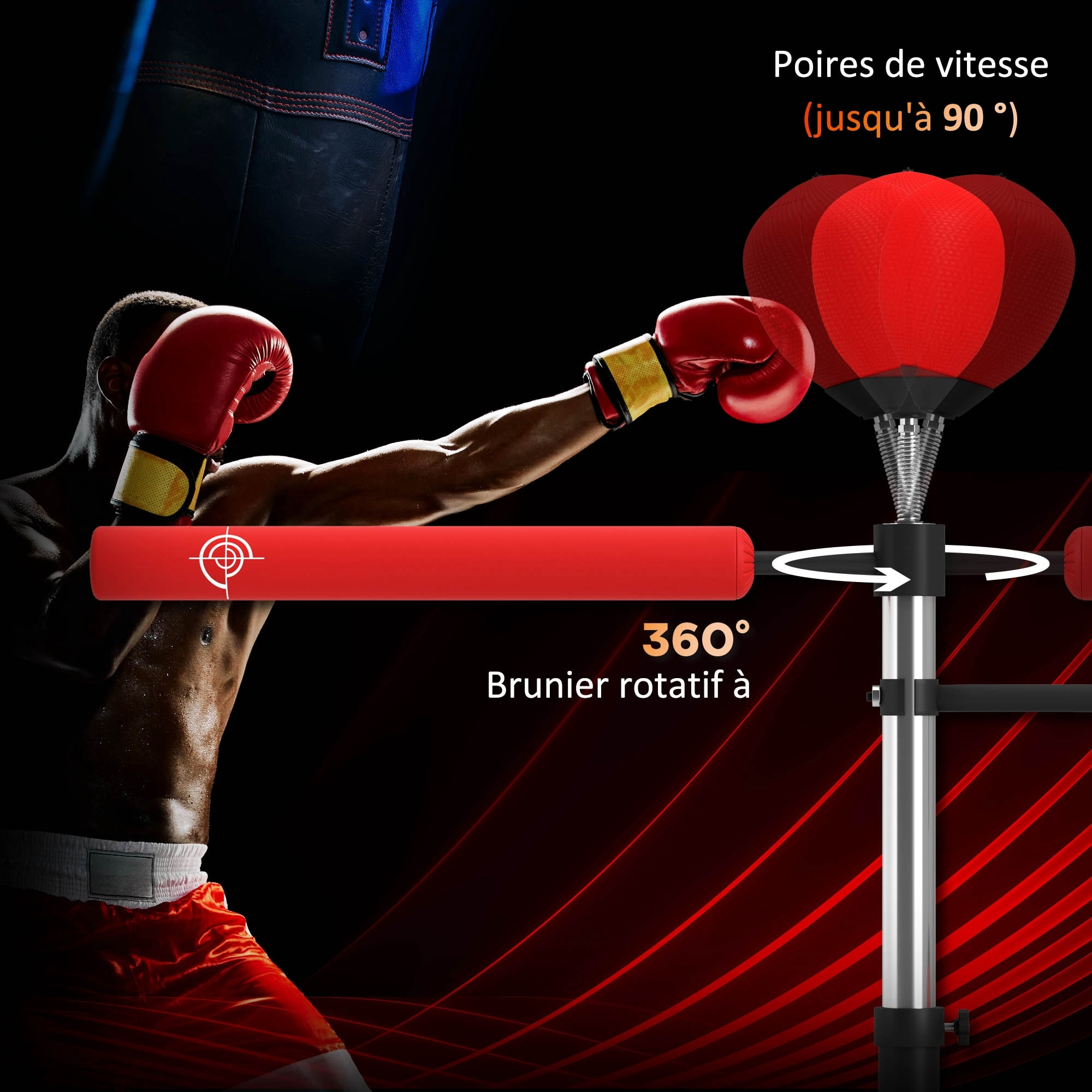Sac de frappe boxe autoportant punching ball brunier 3 en 1 revêtement synthétique dim. 88L x 50l x 160-230H cm rouge