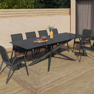 Table de jardin plateau en verre trempé noir et pieds croisés 240cm