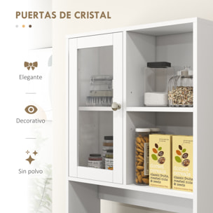 Alacena de Cocina Armario de Cocina Buffet Aparador con 2 Puertas de Vidrio Compartimentos Abiertos 4 Cajones y Estantes Ajustables 60x35x180 cm Blanco