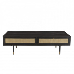 YANIS - Table basse noire bois Pin 4 tiroirs cannage