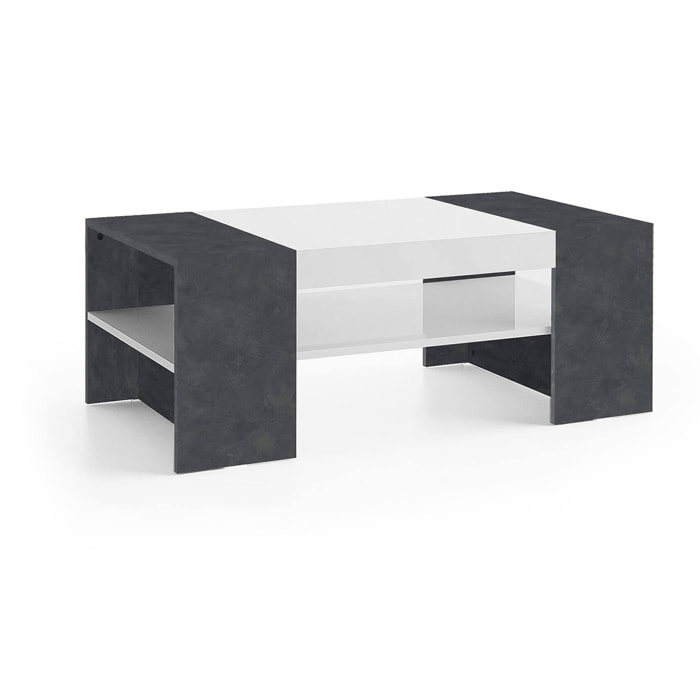 Tavolino da salotto Ashar, Tavolo basso da caffè, Mobiletto portariviste, 100% Made in Italy, cm 110x60h40, Bianco lucido e Ardesia