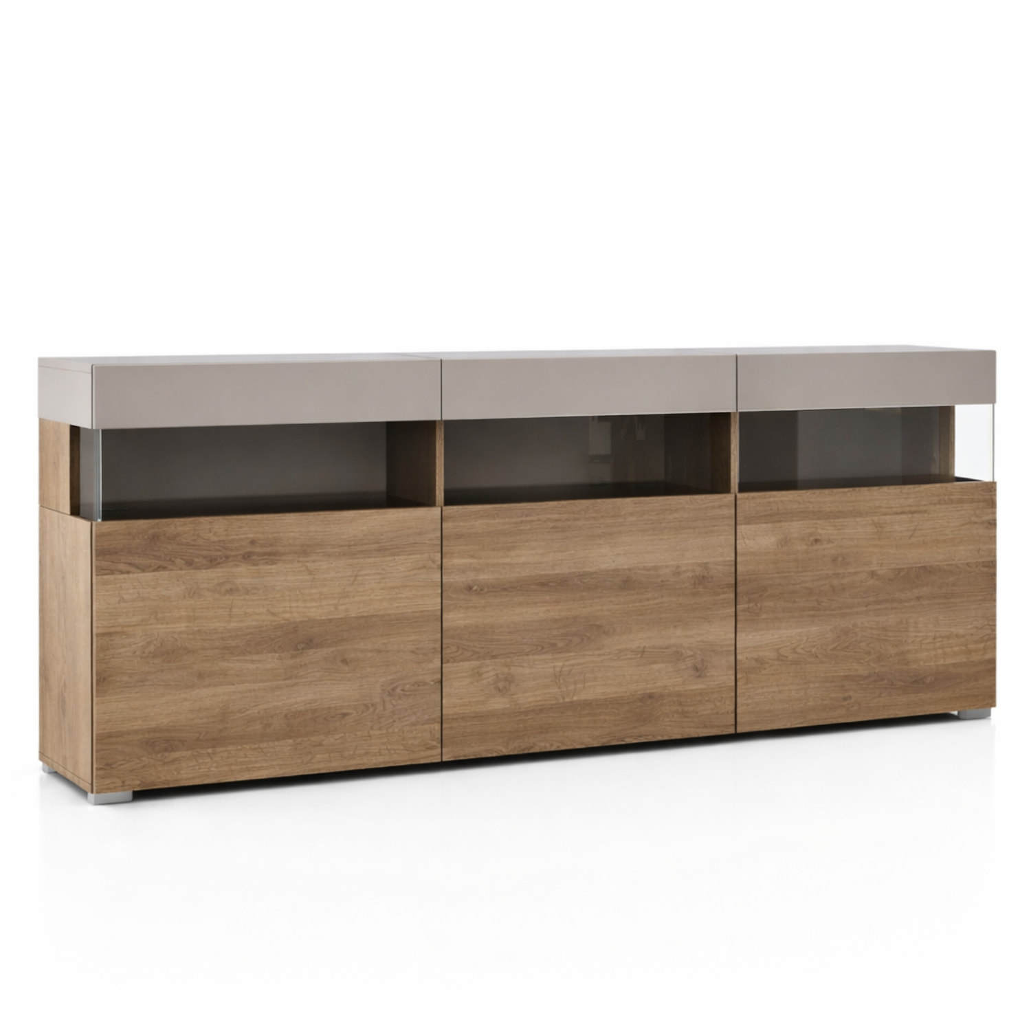 Madia Soggiorno 3 Ante Push-Pull 3 Vani A Giorno Vetro Mobile Credenza Moderna Per Zona Living Design Contemporaneo 180x 41.2x 80 Cm Noce E Cashmere