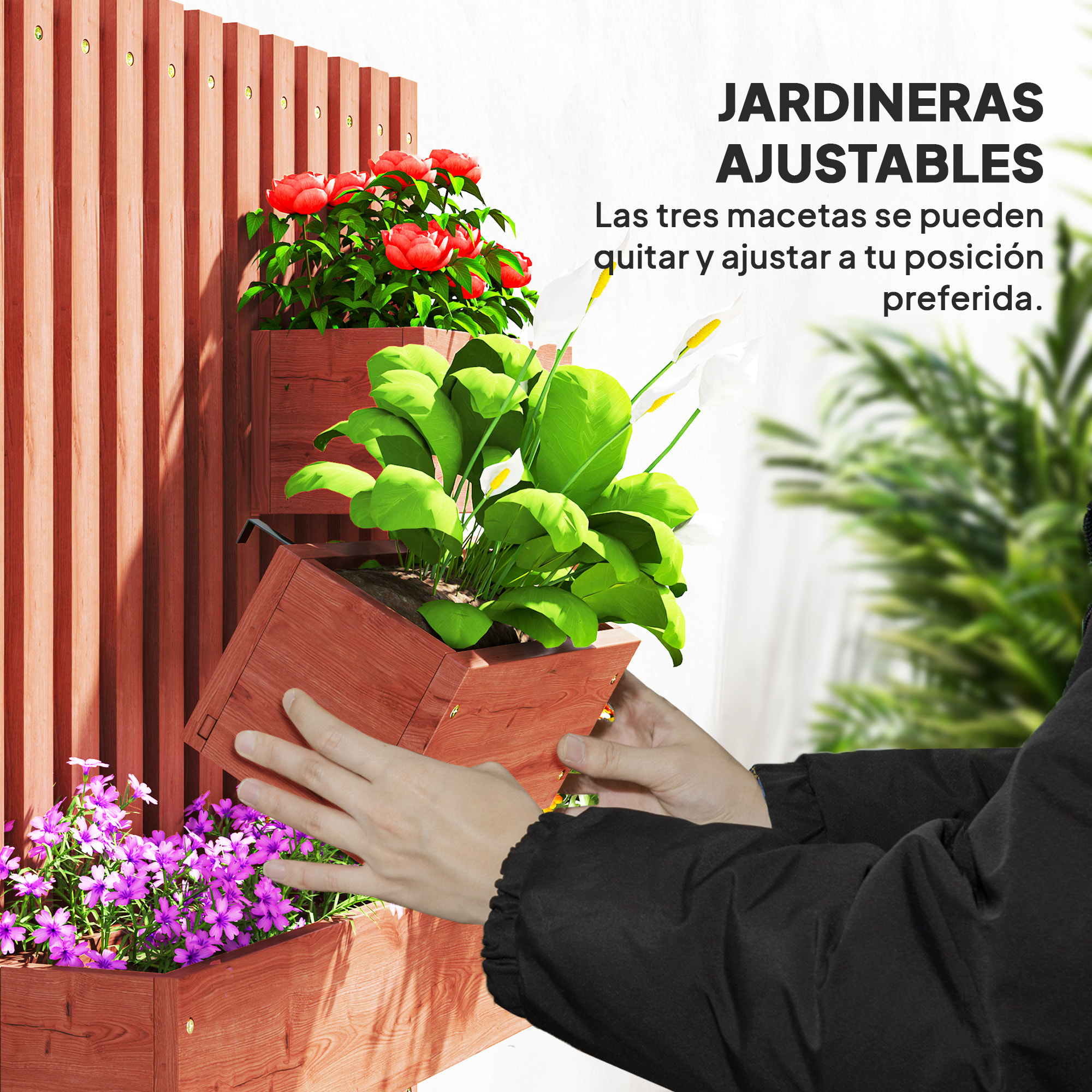 Jardinera de Pared con Enrejado, Jardinera Exterior Grande de Madera con 3 Macetas Móviles y Orificio de Drenaje, para Exterior, Jardín, Terraza, Patio, 60x16x80 cm, Marrón