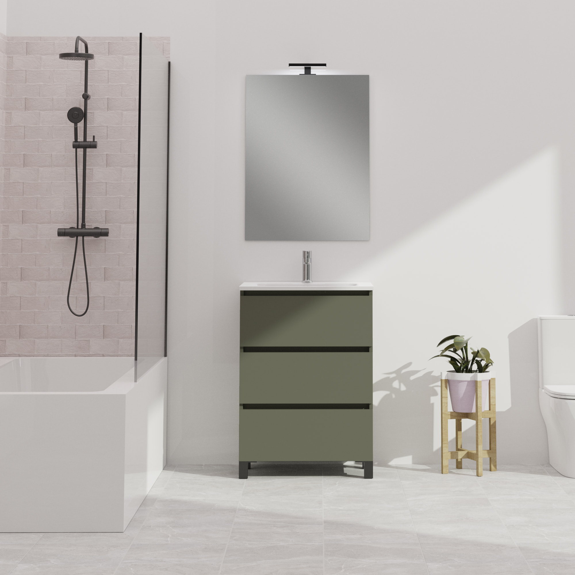Conjunto de baño Wink | 60 cm Verde Musgo | Tres cajones | Lavabo encastrado | No incluye espejo | Mueble montado | Alday