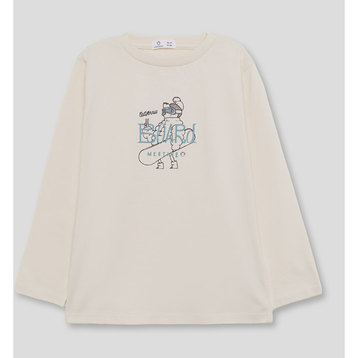 Camiseta niño crudo de manga larga, estampado de snowboard azul y gris, algodón suave | Color: Crudo | Street Monkey
