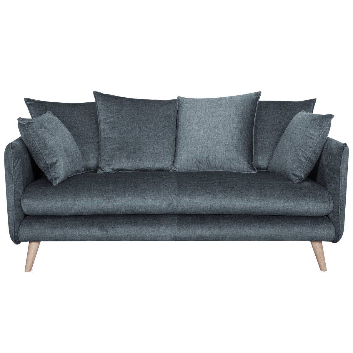 Canapé scandinave 3 places en tissu velours bleu gris et bois clair OLYMPIA