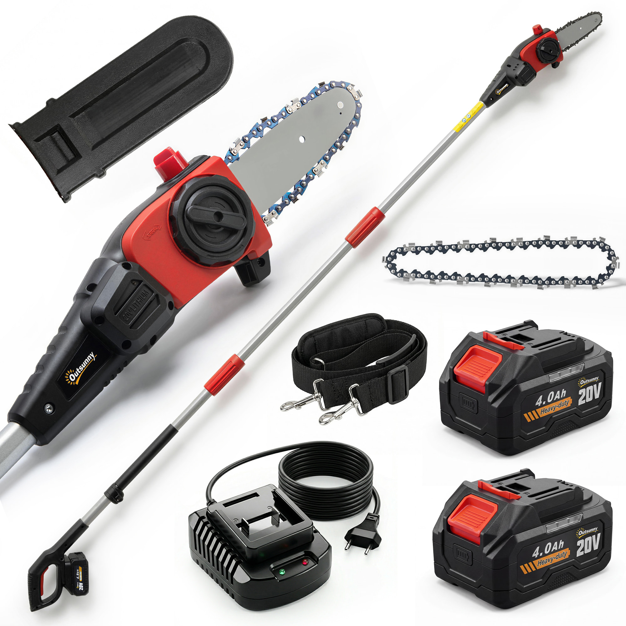 Motosierra de Batería Extensible 1,94-2,56 m, Motosierra Eléctrica con Motor 300 W, 2 Baterías 4,0 Ah, Cargador, Doble Bloqueo, Lubricación Automática, Correa, 6 m/s, para Podar Árboles