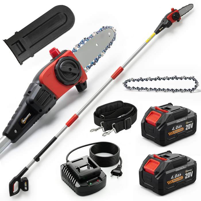 Motosierra de Batería Extensible 1,94-2,56 m, Motosierra Eléctrica con Motor 300 W, 2 Baterías 4,0 Ah, Cargador, Doble Bloqueo, Lubricación Automática, Correa, 6 m/s, para Podar Árboles