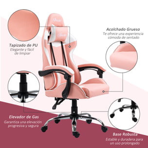 Silla Gaming Ergonómica con Altura Ajustable Reclinable 63x67x122-130 cm Rosa