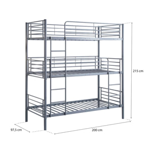 Lit superposé en métal triple "HAVIN" - 90 x 190 cm - Gris