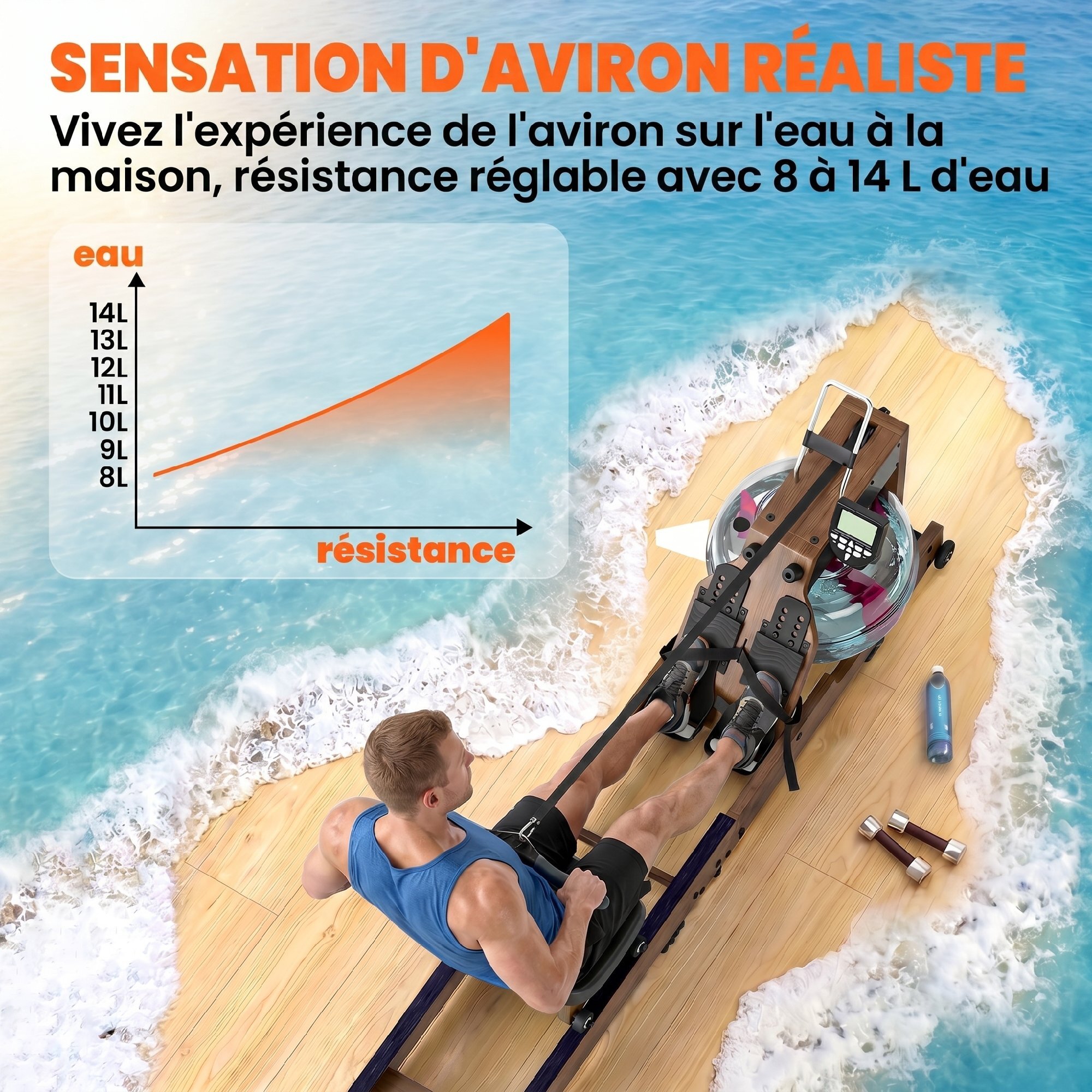 Rameur à eau pliable résistance réglable 8-14L alu bois coloris chêne
