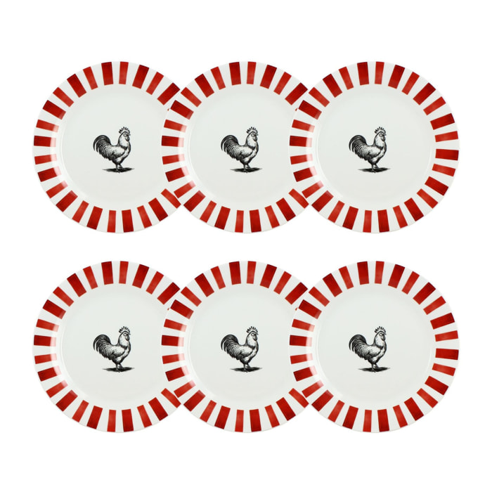 Lot de 6 assiettes plates 26,5cm en porcelaine rouge et blanc COCORICO