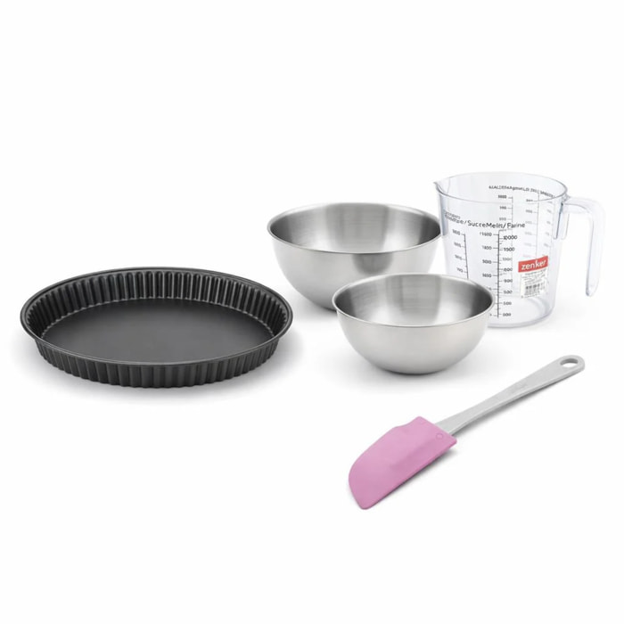 Set pâtisserie avec moule à quiche lorraine antiadhésif, 2 bols à mixer, verre mesureur et spatule Zenker