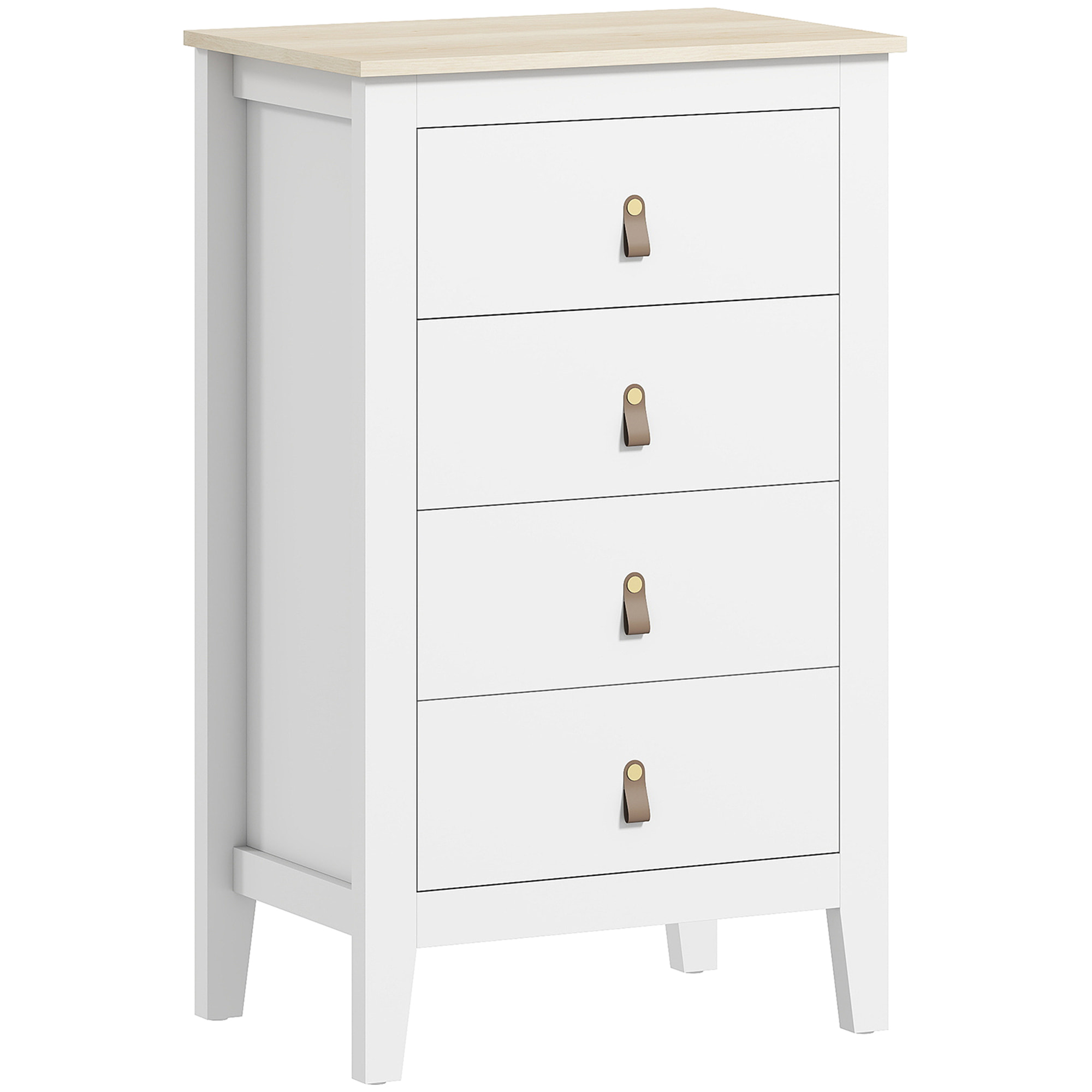 Chiffonnier 4 tiroirs sur pieds dim. 60 x 40 x 98 cm poignées PU métal doré blanc effet bois clair