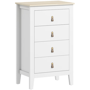 Chiffonnier 4 tiroirs sur pieds dim. 60 x 40 x 98 cm poignées PU métal doré blanc effet bois clair