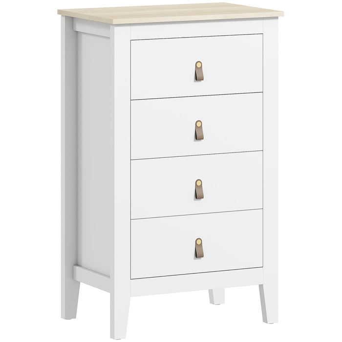 Chiffonnier 4 tiroirs sur pieds dim. 60 x 40 x 98 cm poignées PU métal doré blanc effet bois clair