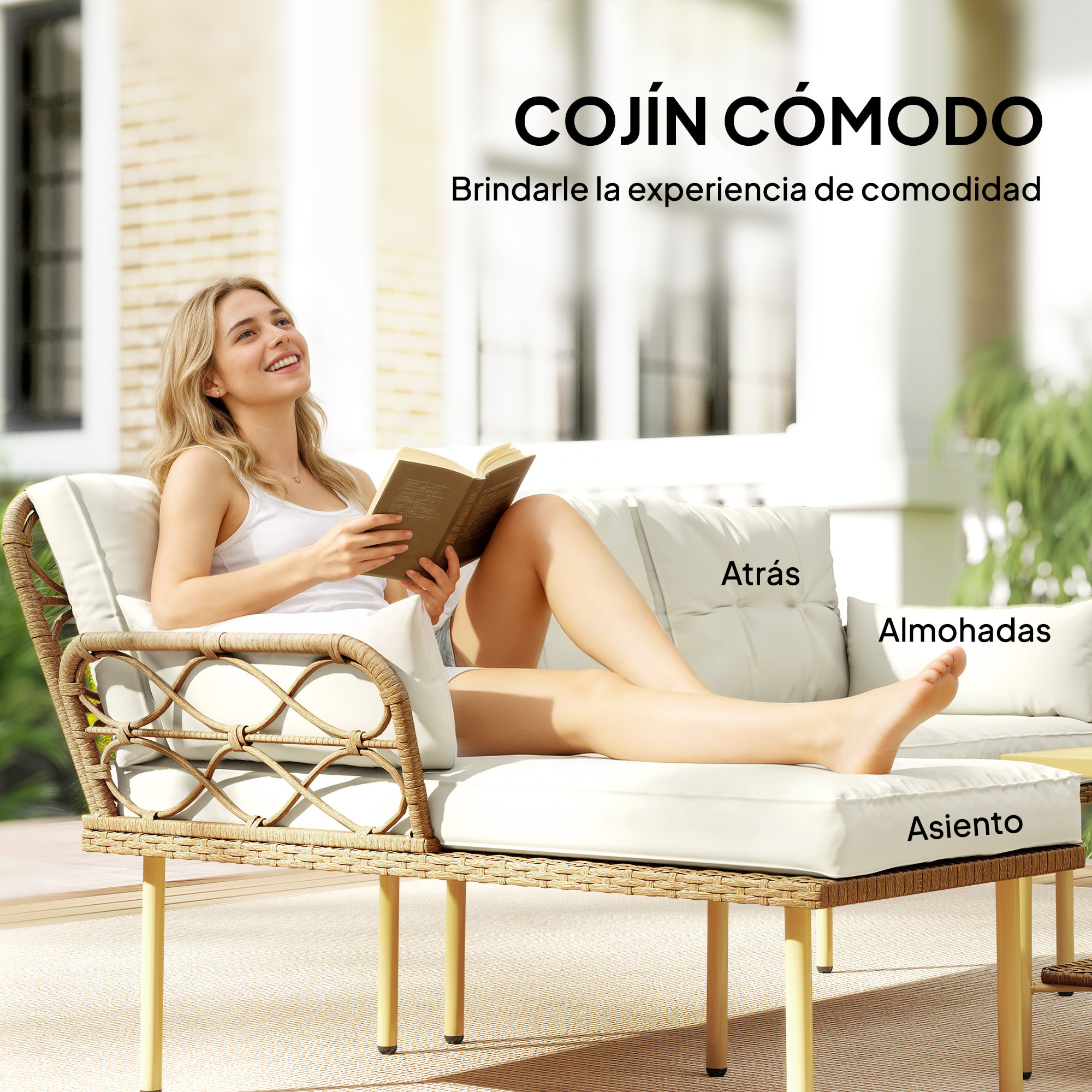 Conjunto de Jardín de Ratán, Juego de 3 Piezas Muebles Jardín Exterior con 1 Sofá de 2 Plazas, 1 Sofá Esquinera, 1 Mesa de Centro Metálica de 2 Niveles y Cojines, Anti-UV, para Patio, Crema